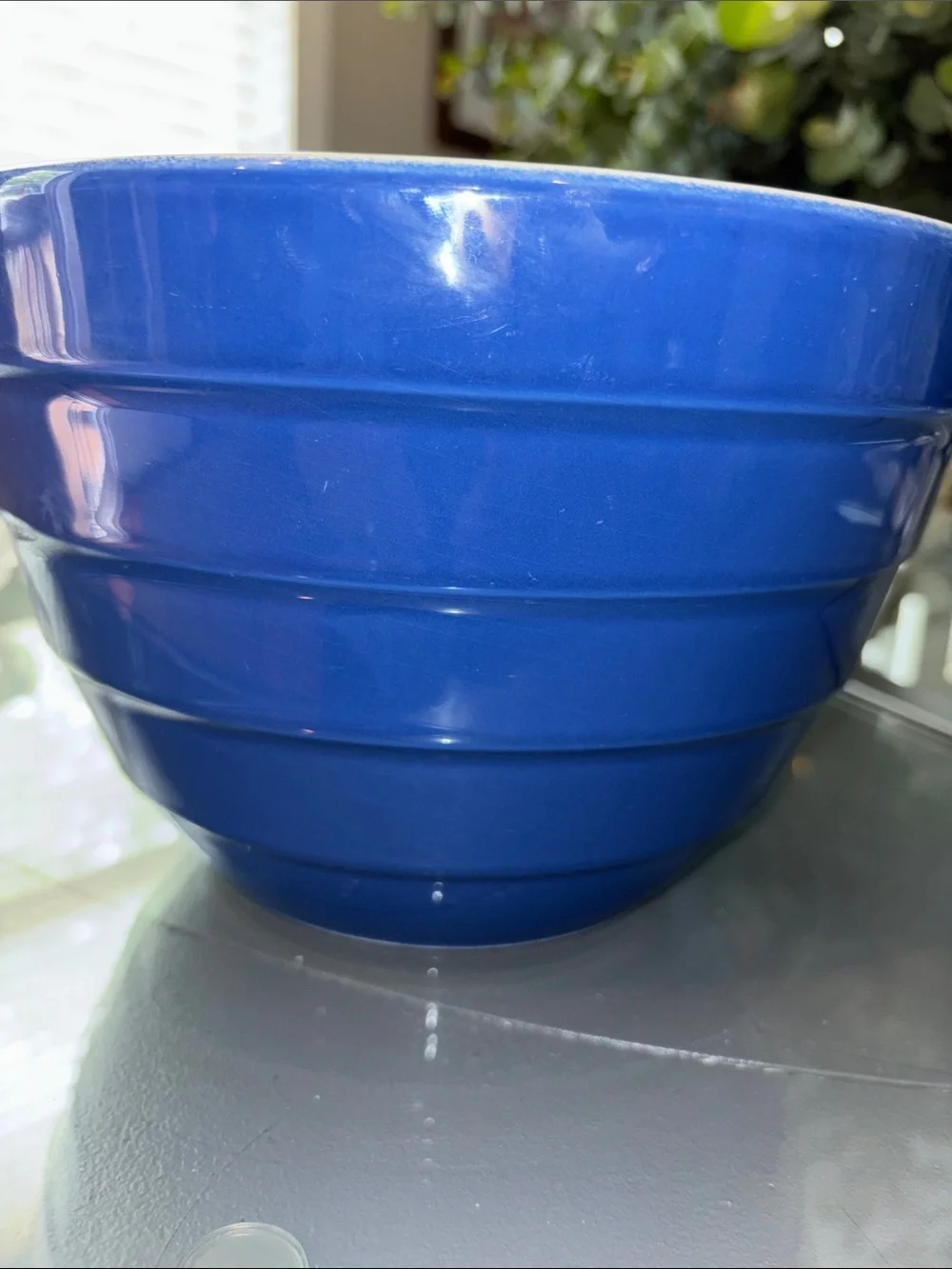 Crate and Barrel Blue Ceramic Mixing Bowl with Cream Interior-slight chip